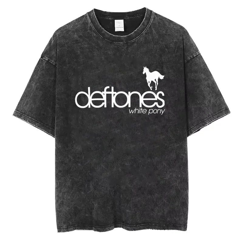 تي شيرت Ohms White Pony Deftones Rock Band للرجال والنساء تي شيرت عتيق مغسول Harajuku Gothic صيفي غير رسمي ملابس الشارع توب هيب هوب Y2K