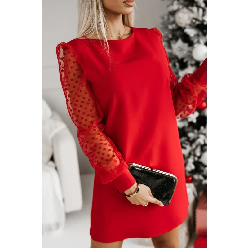 New Women's  Fashionable Solid Color Long Sleeved Party Dress Ladies Casual Mesh Sleeve Round Neck Comfortable Dress