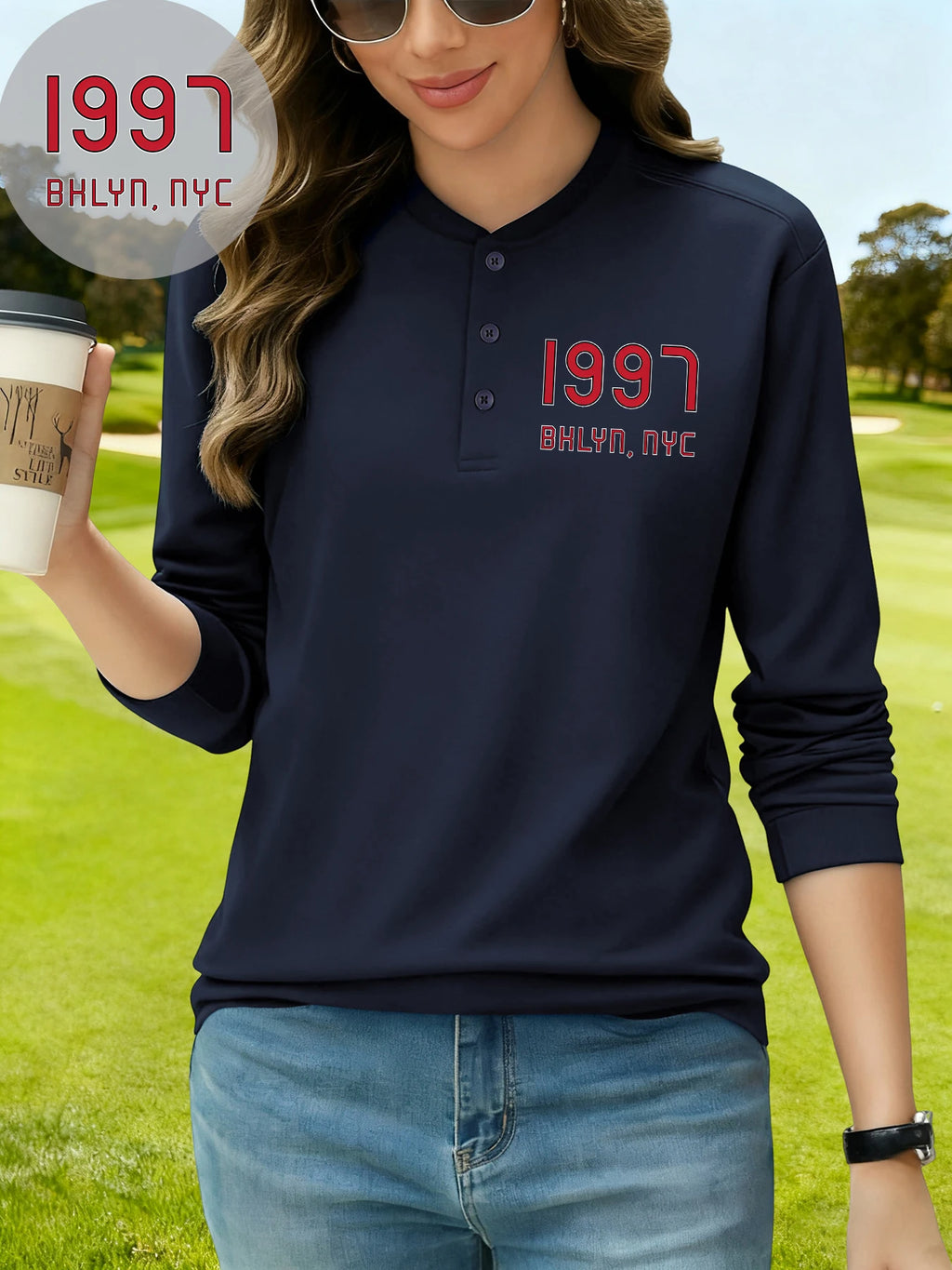 قميص نسائي أساسي رياضي خريفي بأكمام طويلة من Bhlyn New York City مطبوع عليه Henley من عام 1997، قمصان قطنية برقبة هنري، ملابس عمل