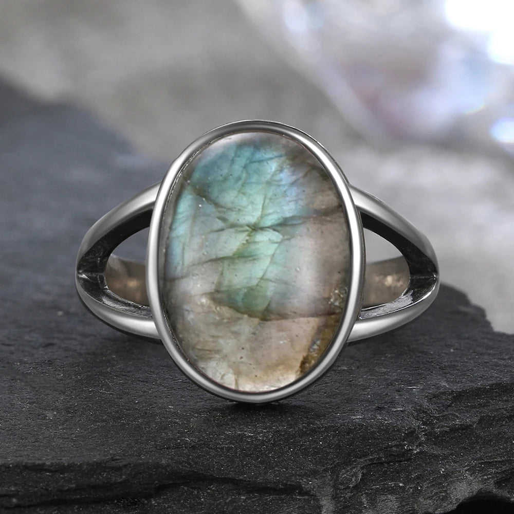 925 Sterling Silver Ring Natural 10*14mm Moonstone Rings Oval Large Gemstone Vintage Fine Jewelry for Women Men