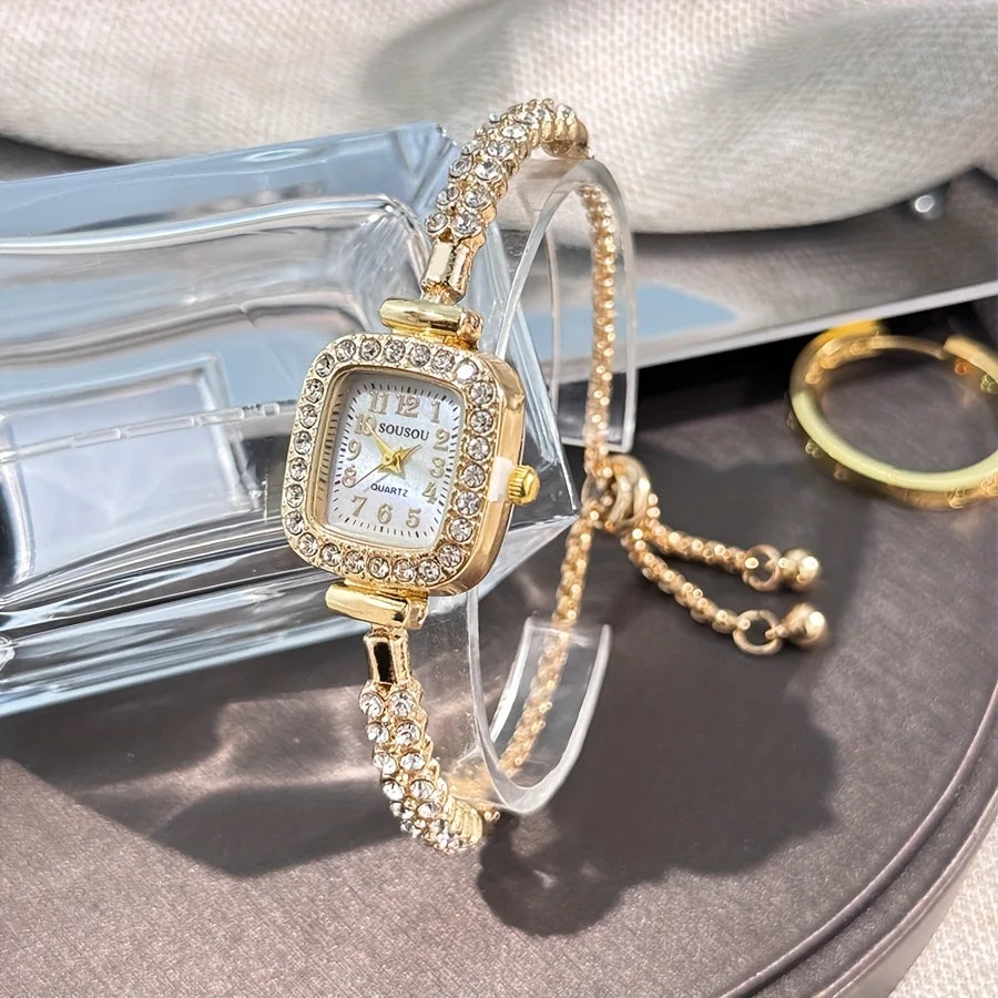 ساعة يد نسائية أنيقة مربعة الشكل، مزودة بمينا مرصع بأحجار الراين وسوار من سبيكة ذهبية اللون - ساعة يد كوارتز قابلة للتعديل للاستخدام اليومي