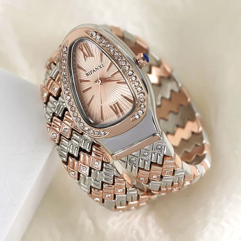 ساعة كوارتز نسائية على شكل ثعبان مرصعة بالألماس مع سوار ملفوف، ساعة أنيقة خفيفة الوزن فاخرة هدية للنساء