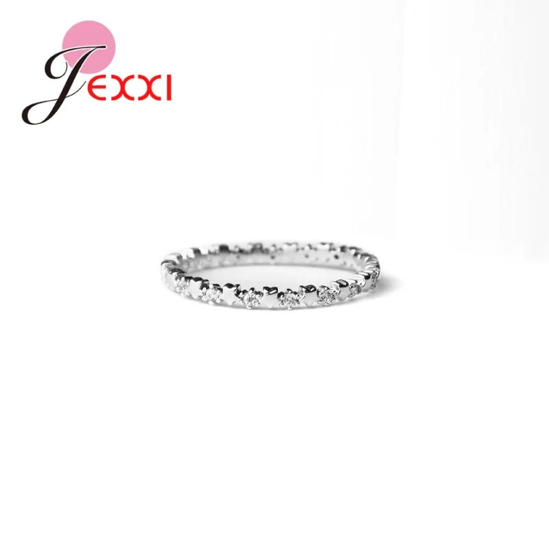 خاتم فاخر أصلي رقيق من الفضة الخالصة عيار 925 بتصميم نجوم إبرية، مرصع بأحجار الزركونيا المكعبة الشفافة الأصلية، هدية زفاف مثالية للنساء