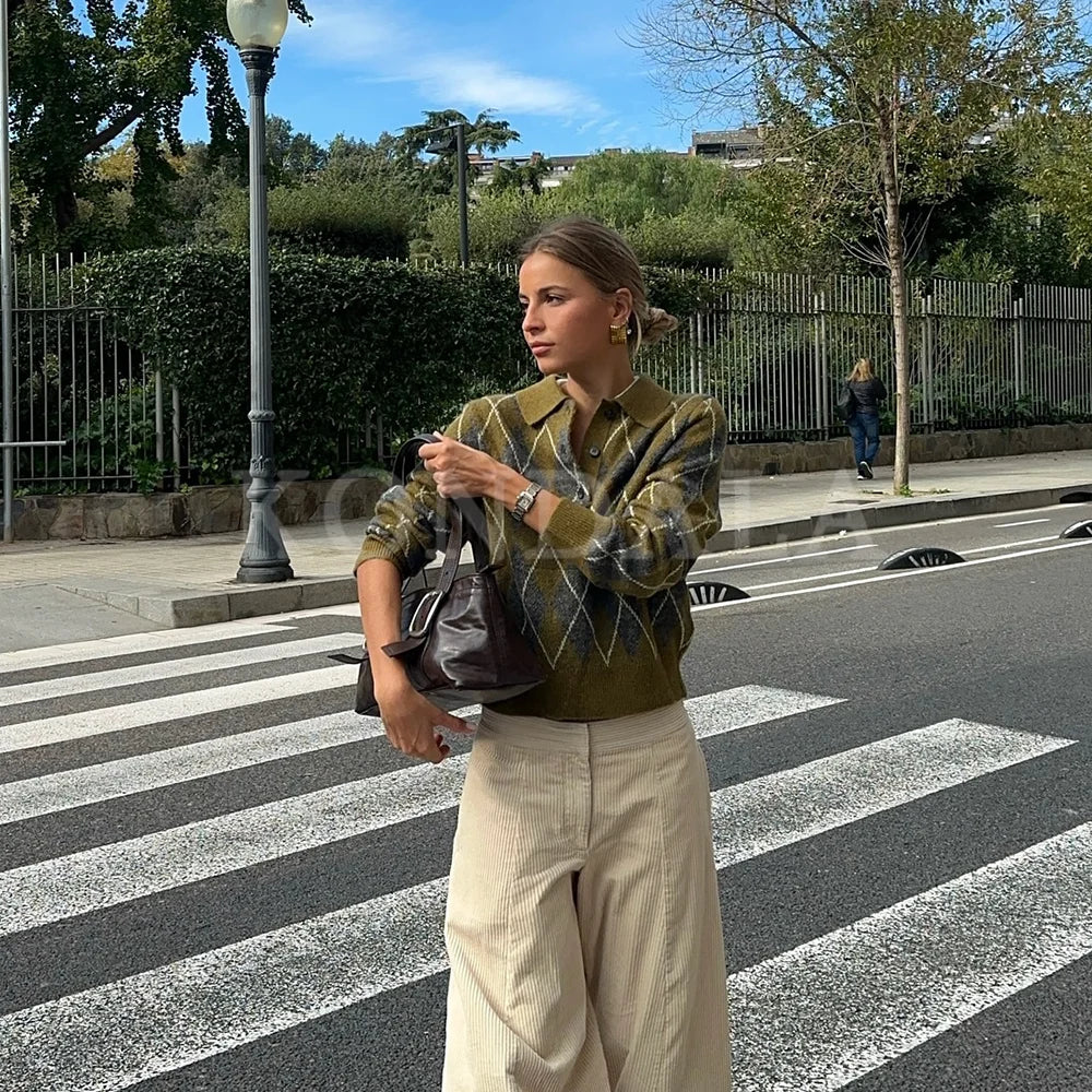 قمصان بولو نسائية محبوكة من KONDALA خريف وشتاء 2025، ملابس الشارع من Argyle، بلوفر عتيق أنيق، بياقة مطوية، قمصان بولو نسائية