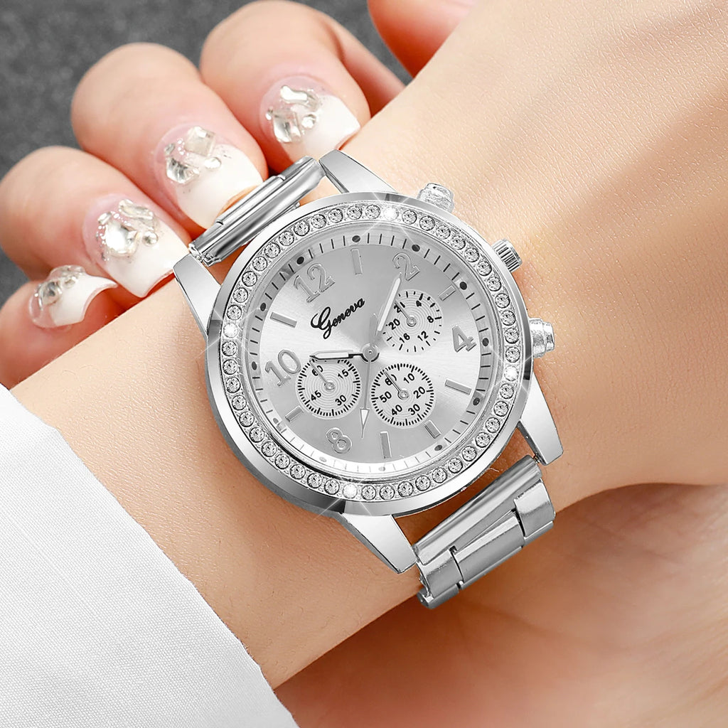 ساعات يد نسائية أنيقة مرصعة بأحجار الراين، سوار من سبيكة معدنية، مينا عربي، تناظرية، كوارتز (بدون علبة)