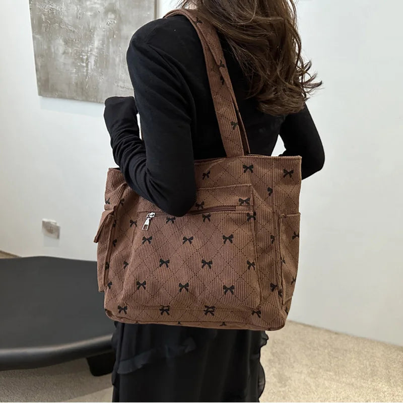 حقائب توت كاجوال كبيرة السعة من قماش مخملي للسيدات، حقائب يد كاجوال بنمط فيونكة للنساء للتسوق