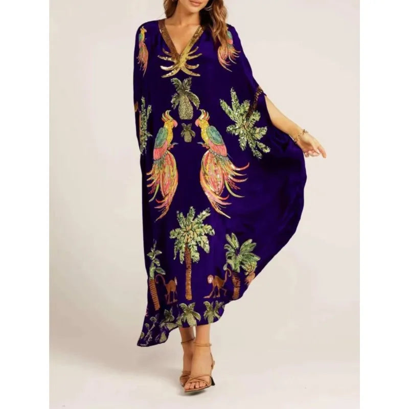 Women Bohemian Maxi Dresses 2025 Summer Loose V-neck Fashion Sexy Hipster Elegant Retro Printed Female Casual Long Robe Vestidos