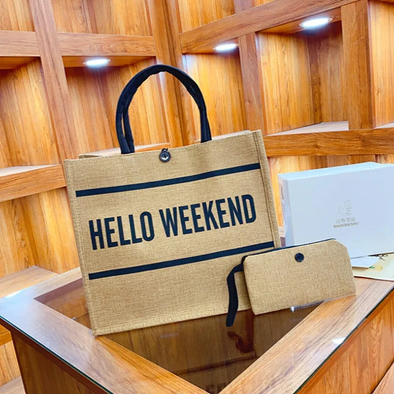 حقيبتان كبيرتان من الكتان، حقيبة يد قماشية واسعة، حقائب تسوق، حقيبة مكياج، محفظة نقود، هدية مثالية لحفلات الزفاف وأعياد الميلاد وعطلات الشاطئ