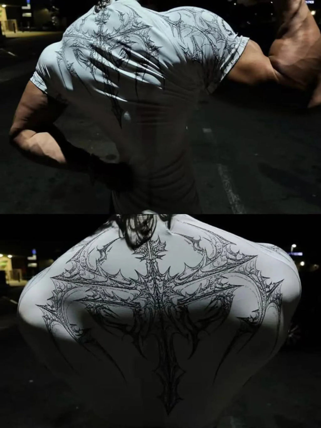 تي شيرت رياضي رجالي بطبعة قوطية داكنة، تي شيرت عضلي عالي المرونة وسريع الجفاف للتدريب على كمال الأجسام صيف 2025