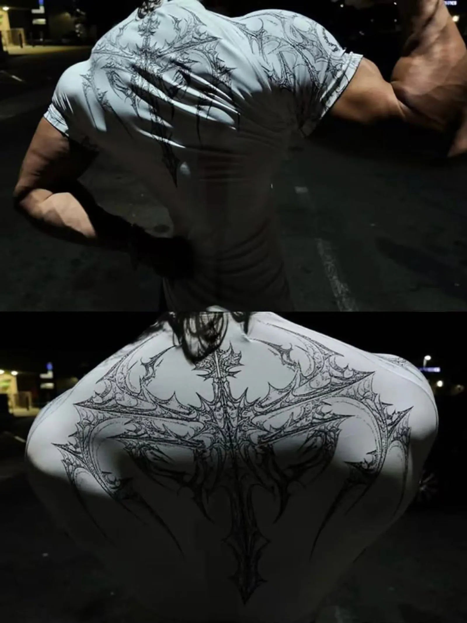 تي شيرت رياضي رجالي بطبعة قوطية داكنة، تي شيرت عضلي عالي المرونة وسريع الجفاف للتدريب على كمال الأجسام صيف 2025