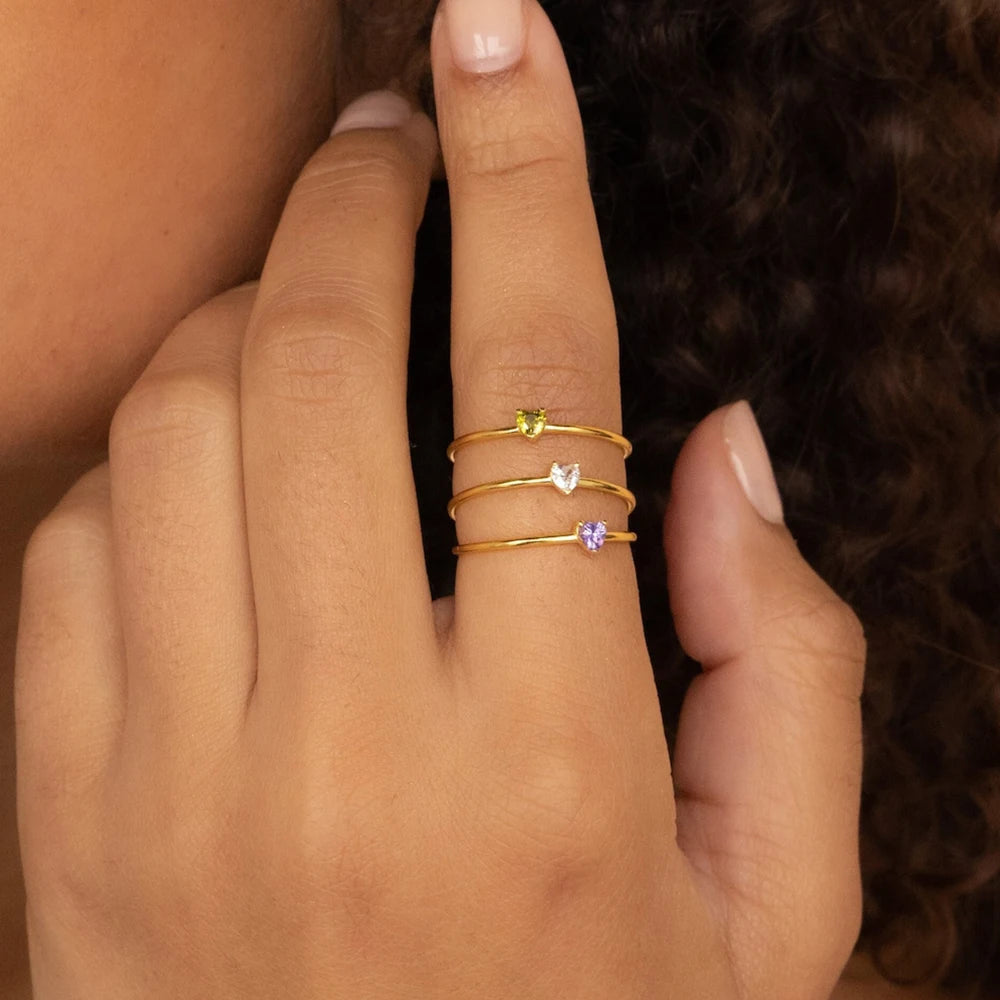 Zircon Heart Birthstone Rings For Women Gold Color Adjustable Stainless Steel Birthstone Heart Ring  Wedding Jewelry Gift BFF