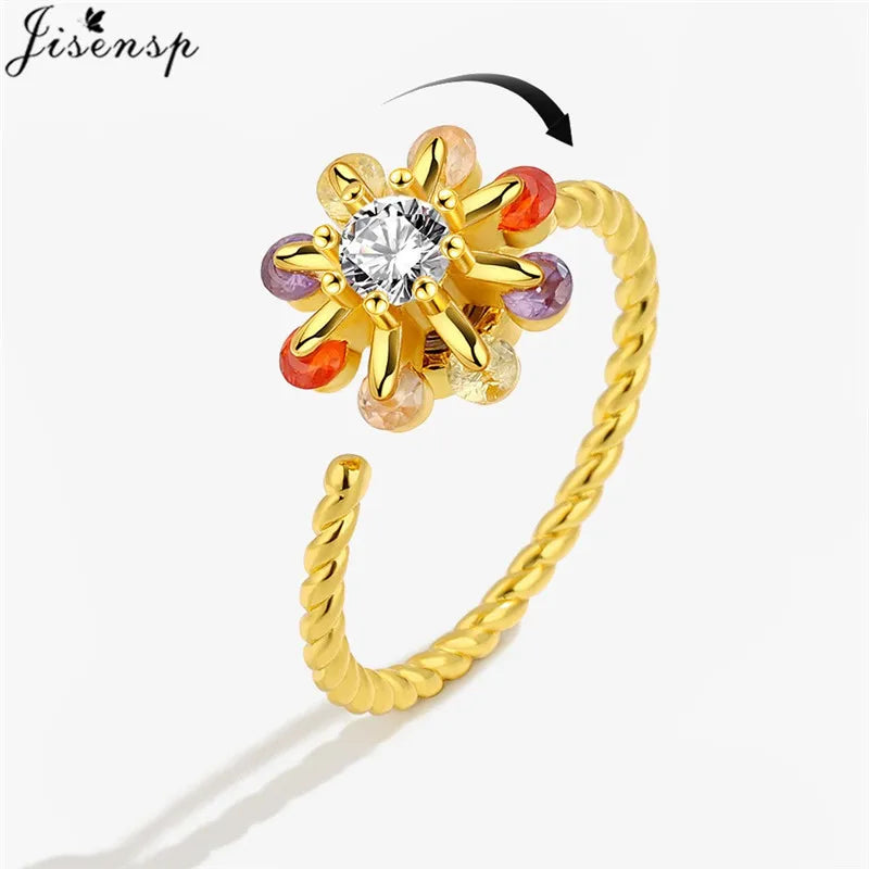 خاتم سبينر أنيق للنساء، متعدد الكريستالات على شكل زهرة عباد الشمس، خواتم أصابع دوارة مضادة للتوتر، هدية زفاف
