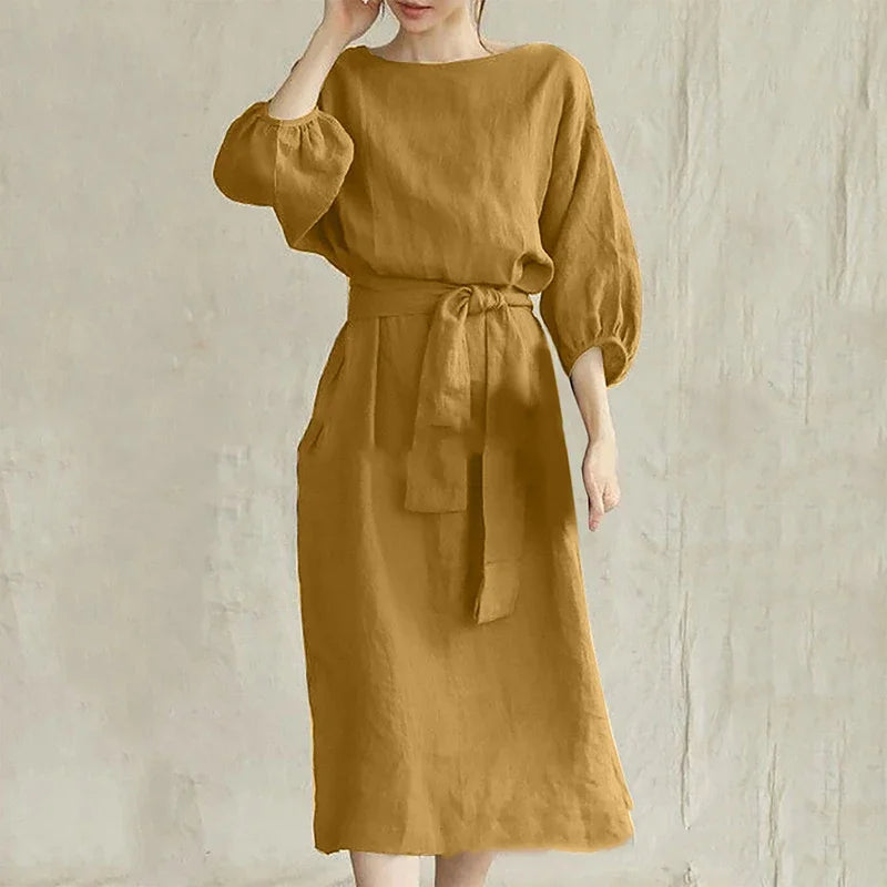 Women'S Vintage Long Sleeve High Waisted Tied Solid Color Round Neck Dress Elegant Long Sleeve Midi Dresses for Women with Belt
