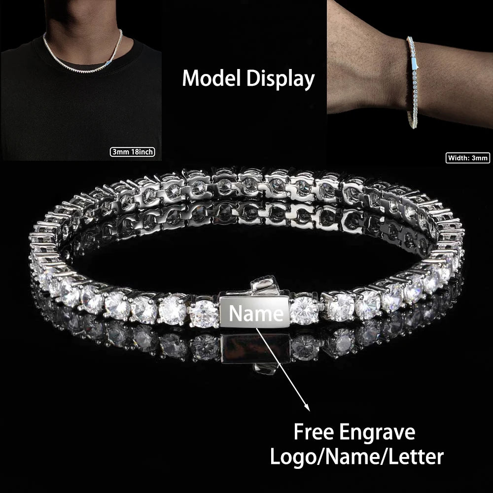 قلادة من مادة النحاس والزركون اللامع بطول 3 مم و4 مم و5 مم، سلسلة تنس من صف واحد، للرجال والنساء، مجوهرات مثلجة، نقش مجاني للاسم