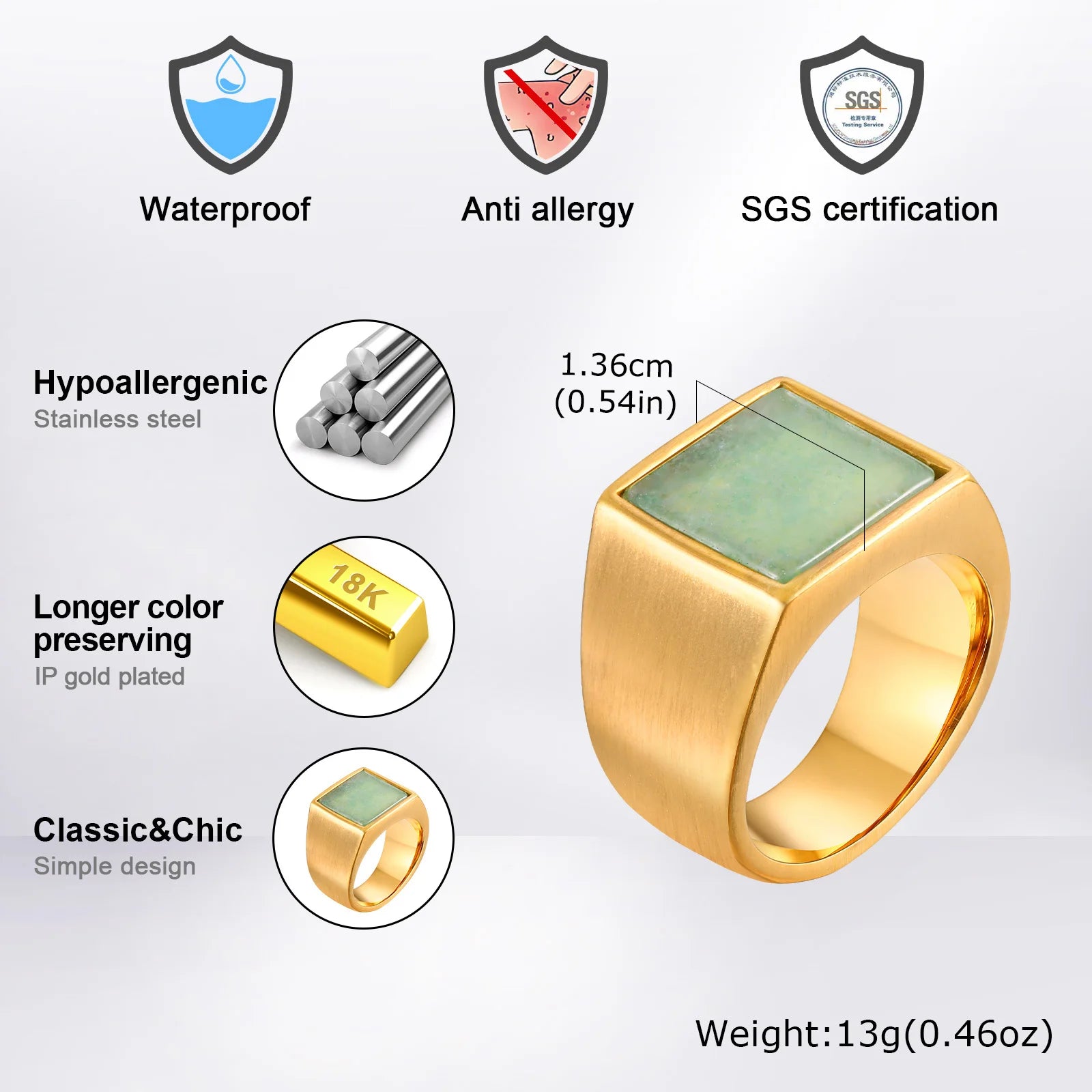 Natural Green Stone Ring for Men Boys,Gold Color Stainless Steel Stamp Ring Thumb Ring Square Ring,Punk Stylish Jewelry Gift