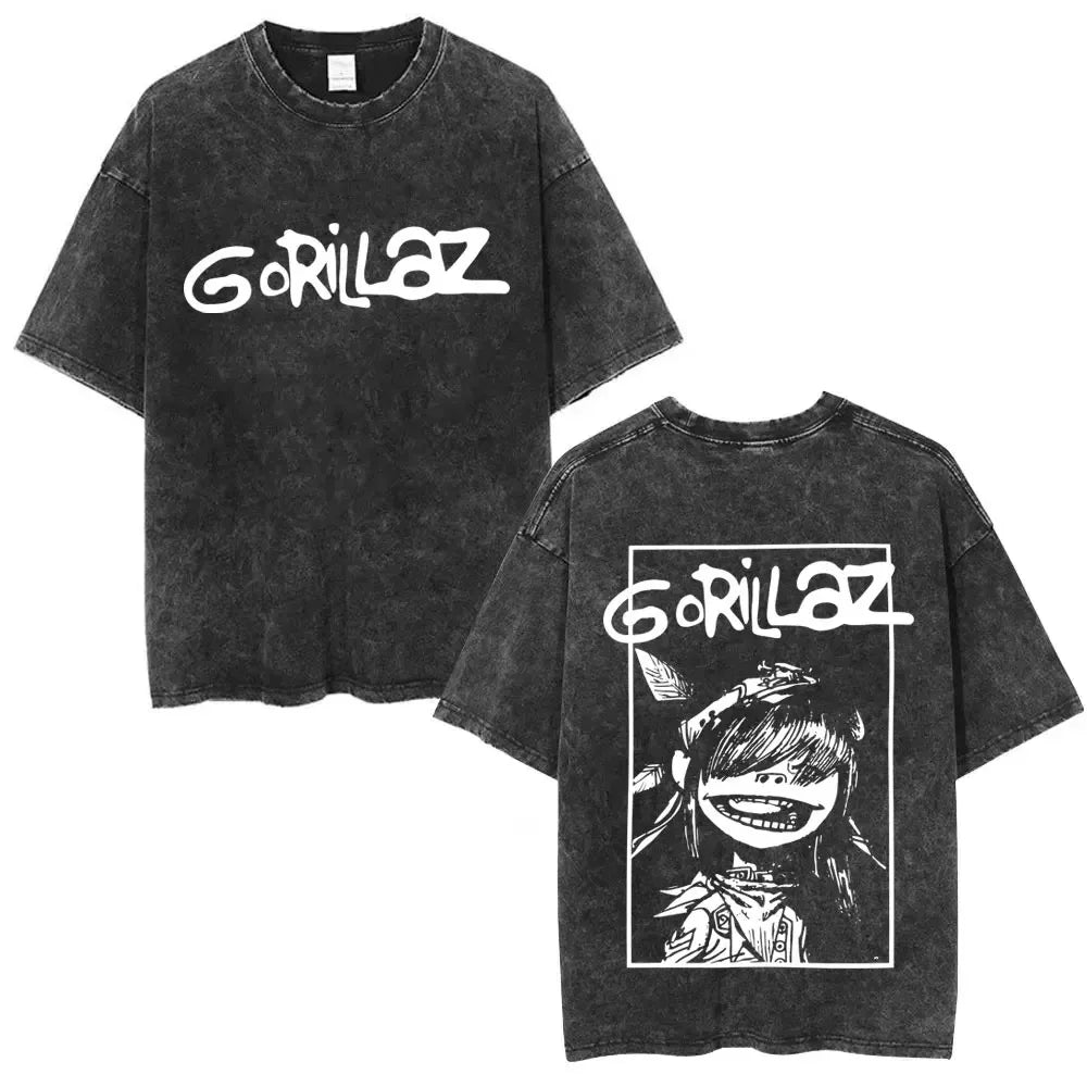 تي شيرت رجالي مطبوع عليه صورة فرقة روك كلاسيكية مغسولة من Gorillaz The Now Now، تي شيرت رجالي بتصميم قوطي بانك عتيق، فضفاض للجنسين