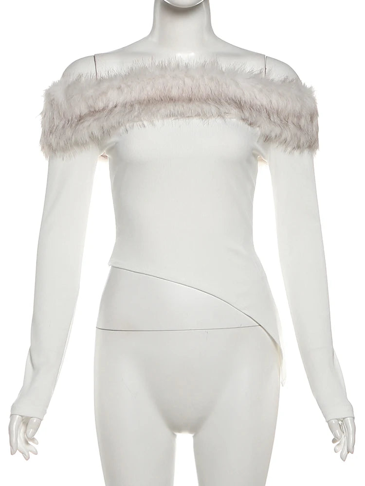 تي شيرتات Nibber النسائية ذات الياقة المصنوعة من الفرو القابلة للإزالة، ذات الرقبة المقطوعة والأكمام الطويلة والحاشية غير المتماثلة، بتصميم بسيط وأنيق، مناسبة لأزياء الخريف