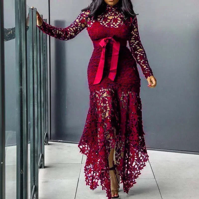 Ladies Elegant Lace Maxi Dress Women Wedding Evening Party Bodycon Long Sleeve Dresses Plus Size Fashion
