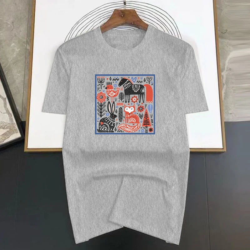 تي شيرت رجالي كاجوال بأكمام قصيرة من القطن بطبعة غابة ملونة، مقاس كبير، ملابس نسائية، تي شيرتات صيفية، أزياء الشارع