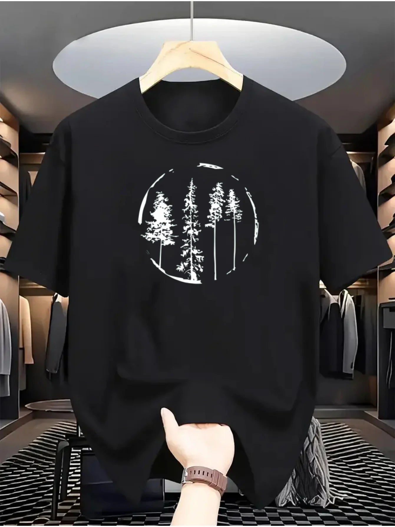 تيشيرت رجالي صيفي عصري فضفاض مطبوع عليه نقشة أشجار الغابة، مصنوع من القطن بنسبة 100%، بياقة دائرية وأكمام قصيرة.