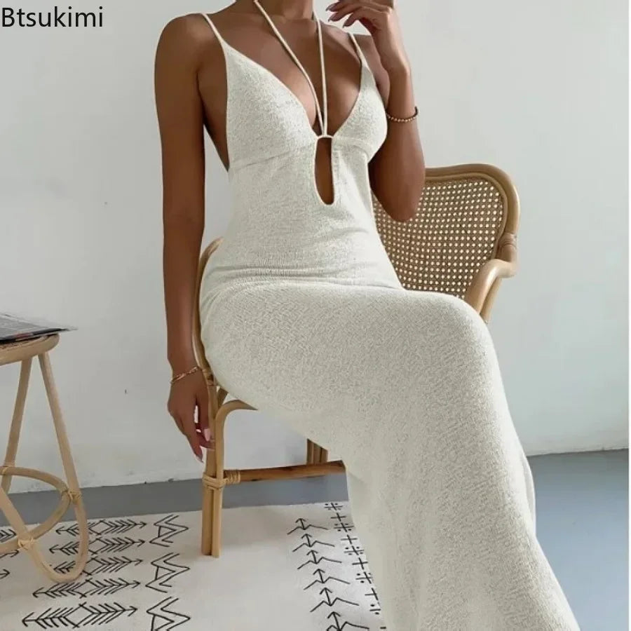 2025 Women's Summer Sexy Halter Dress Solid Color Tie-Up Backless Sleeveless Bodycon Long Knit Dress For Beach Party Vestidos