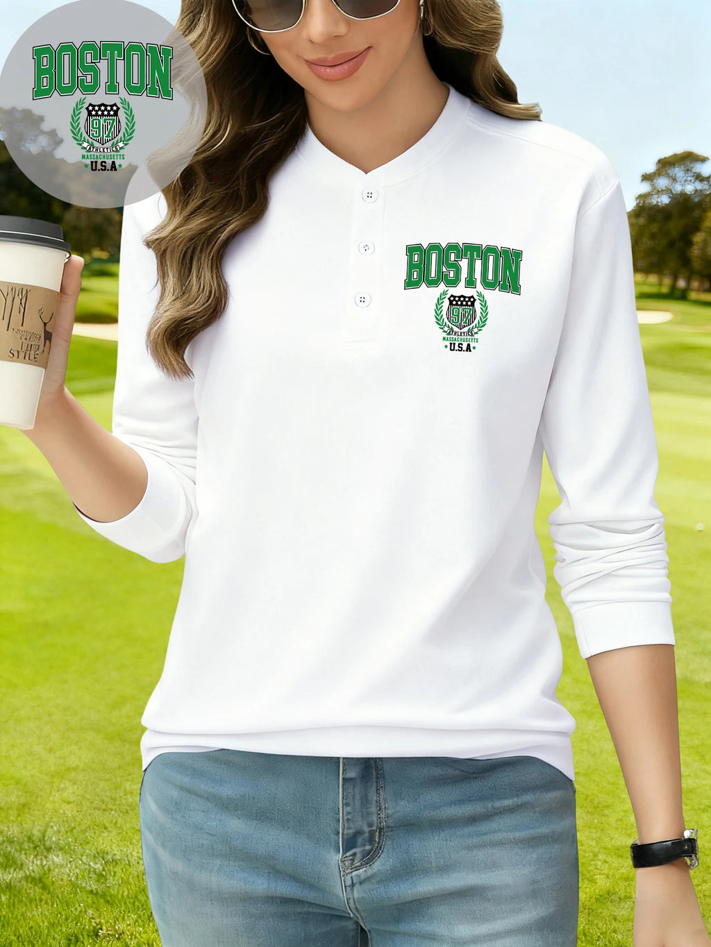 قميص هينلي مطبوع عليه شعار فريق بوسطن 97 للسيدات من يو إس إيه، برقبة هنري، ملابس الشارع العصرية من القطن بأكمام طويلة، تي شيرتات جولف أساسية لفصل الخريف من الهيب هوب