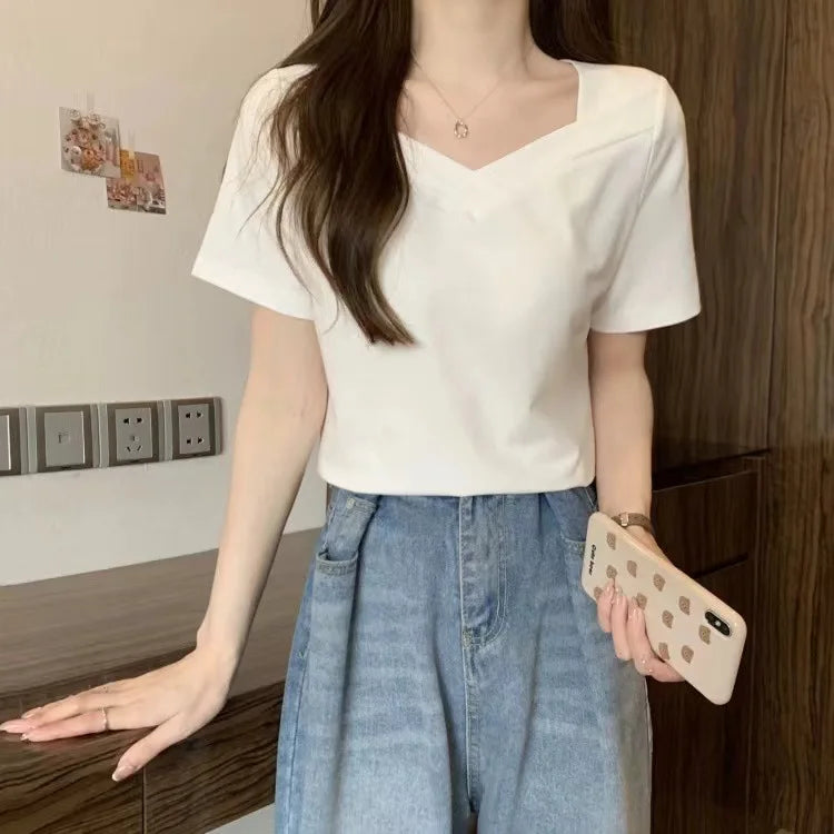 تيشيرت نسائي فضفاض بياقة على شكل حرف V، مناسب للارتداء اليومي، بتصميم أنيق مستوحى من موسيقى الكيبوب وموضة الألفية الجديدة، بتصميم كلاسيكي جذاب، مناسب لفصل الصيف، باللون الأسود، ملابس علوية كاجوال.