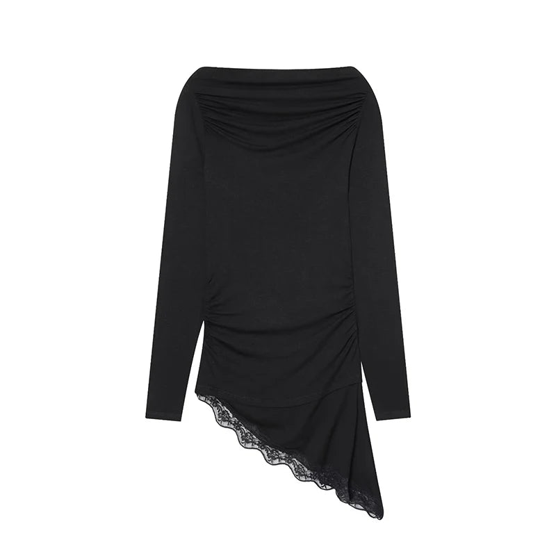 تي شيرتات نسائية ربيع خريف موضة تي شيرتات بحافة من الدانتيل للنساء غير متماثلة ملابس الشارع بأكمام طويلة وقمصان كاجوال رفيعة