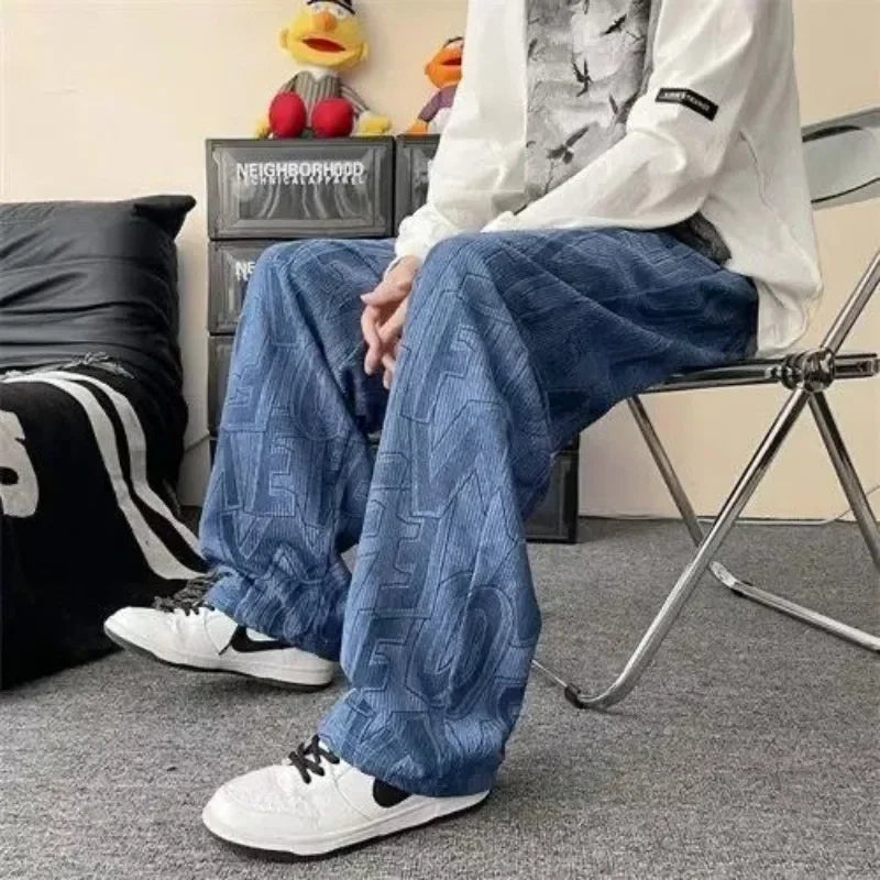 American Casual Pants Men Loose High Street Corduroy Letter Printed Wide Leg Solid Color Spring and Autumn Sports Pants Male