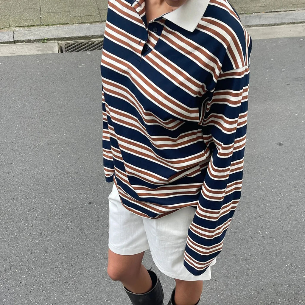 تيشيرت نسائي جديد بأكمام طويلة وياقة مطوية مخططة، مناسب لفصل الخريف، ملابس عصرية للاستخدام اليومي، متوفر الآن بمقاسات SML