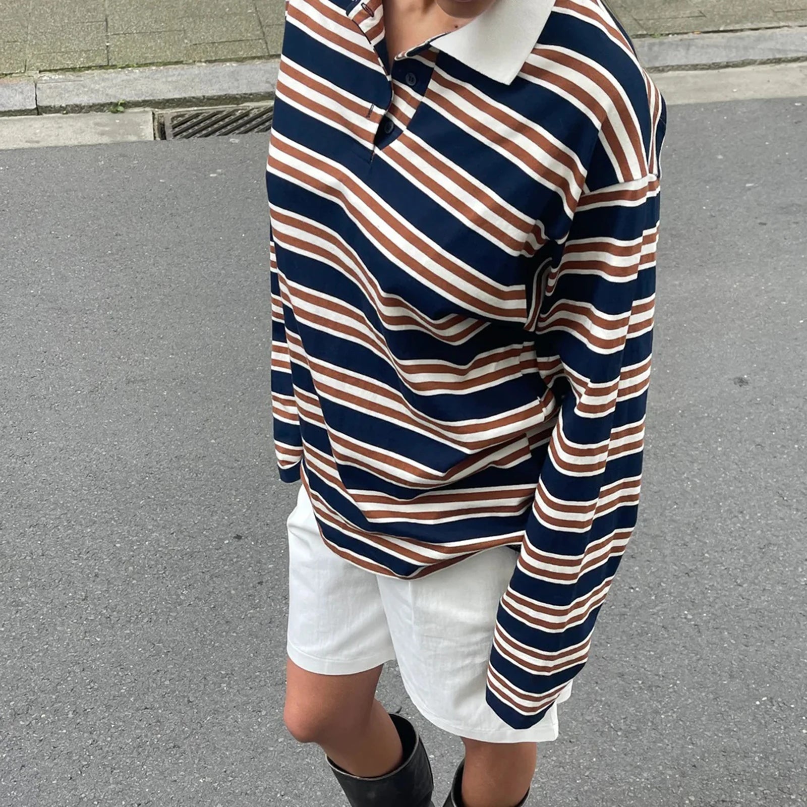 تيشيرت نسائي جديد بأكمام طويلة وياقة مطوية مخططة، مناسب لفصل الخريف، ملابس عصرية للاستخدام اليومي، متوفر الآن بمقاسات SML