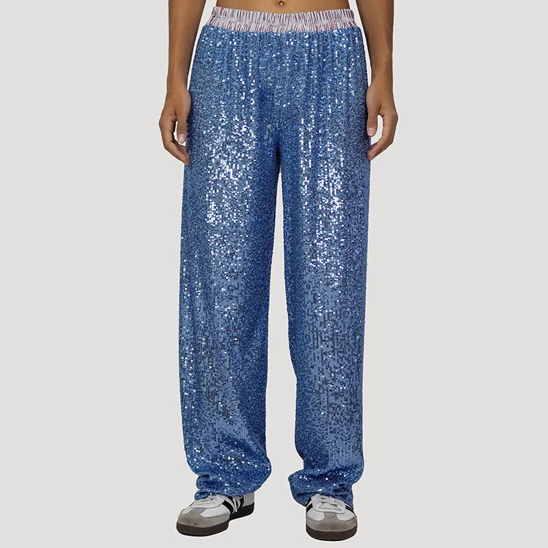 طقم مكون من قطعتين من السراويل الفضفاضة المرصعة بالترتر للنساء، قميص بأكمام طويلة وبنطلون أنيق للنساء، طقم مكون من قطعتين من السراويل الطويلة