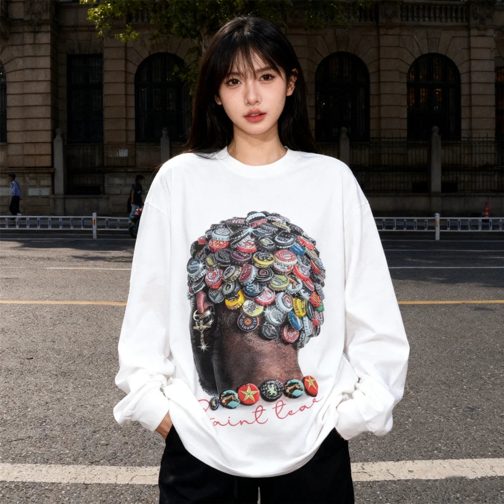 تي شيرت KUCLUT SAINT OF MICHAEL عصري مطبوع عليه رسومات غطاء زجاجة من KUCLUT SAINT OF MICHAEL بأكمام طويلة فضفاضة من القطن بنسبة 100% للرجال والنساء