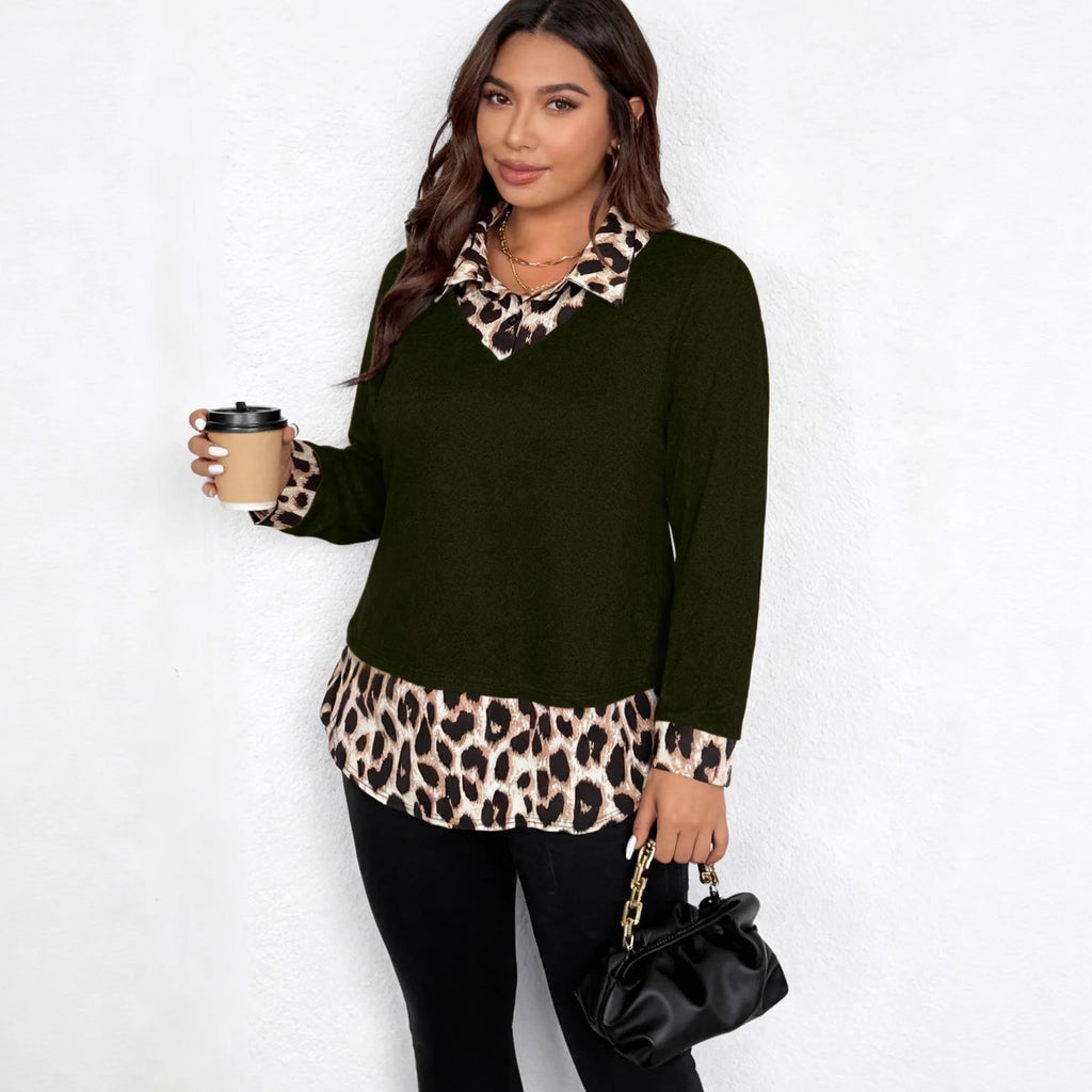 American Style Hot Girl Leopard Print Collar Long Sleeve T-Shirt Women's Spring New Slim Fit Base Layer Top
