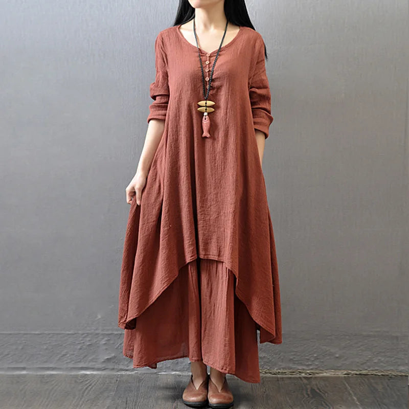 Women Elegant Linen White Dresses Bohemia Layering Vintage Robe Long Sleeve Loose Long Dress Female Autumn Long Maxi Dress