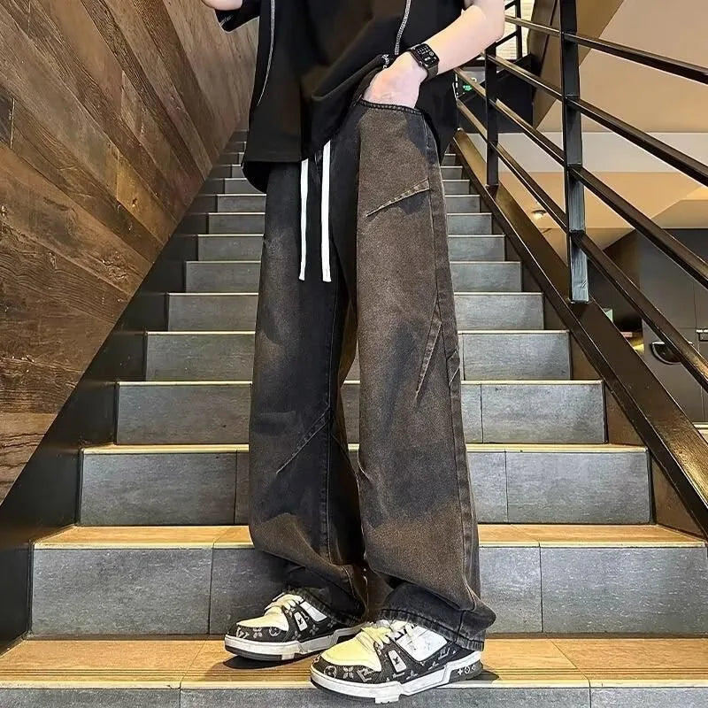 Autumn & Spring New Arrival Men's Pants: Retro Streetwear Denim Loose Straight Fit Wide Leg Long Trendy Versatile Men's Trousers