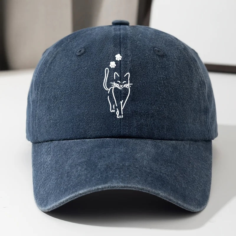 Cute cat printed baseball cap, retro washed denim curved hip hop hat, adjustable outdoor travel hat