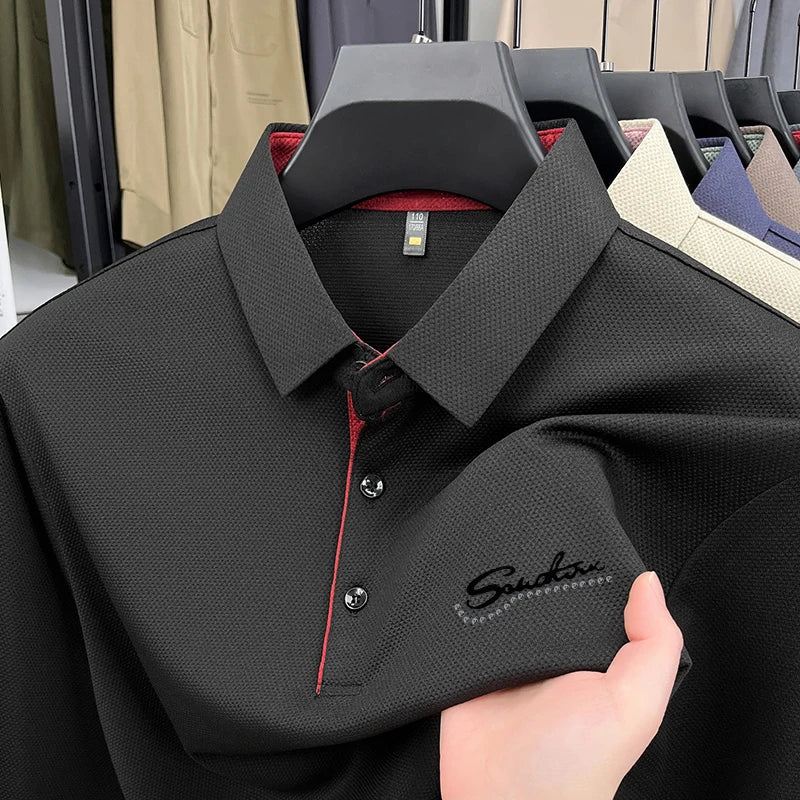 قميص بولو رجالي من ماركة مصممة بأكمام طويلة وياقة دائرية، خريف جديد، مطبوع عليه حروف، مضاد للتجاعيد، ملابس عمل غير رسمية للرجال