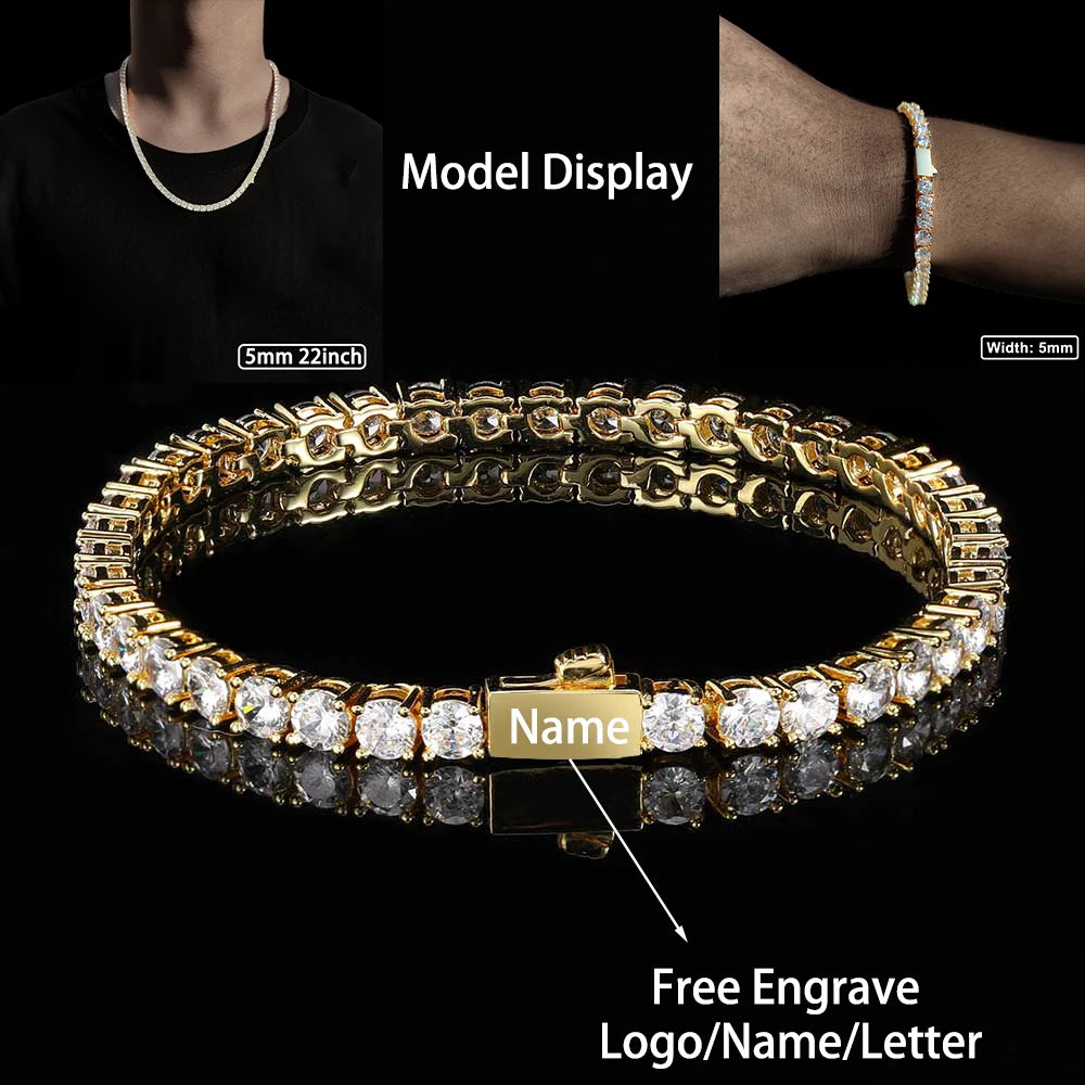 قلادة من مادة النحاس والزركون اللامع بطول 3 مم و4 مم و5 مم، سلسلة تنس من صف واحد، للرجال والنساء، مجوهرات مثلجة، نقش مجاني للاسم