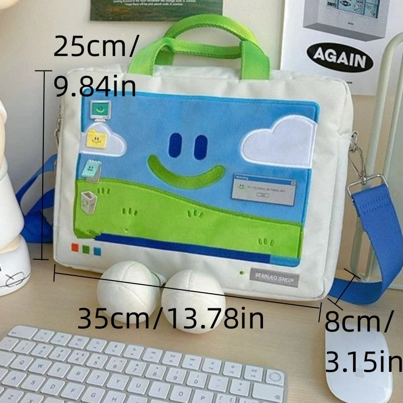 حقيبة كتف مرحة بتصميم وجه كرتوني مبتسم للطلاب، حقيبة كمبيوتر محمول مطرزة متعددة الاستخدامات ذات سعة كبيرة، حقيبة أنيقة وعملية تناسب جميع الإطلالات.