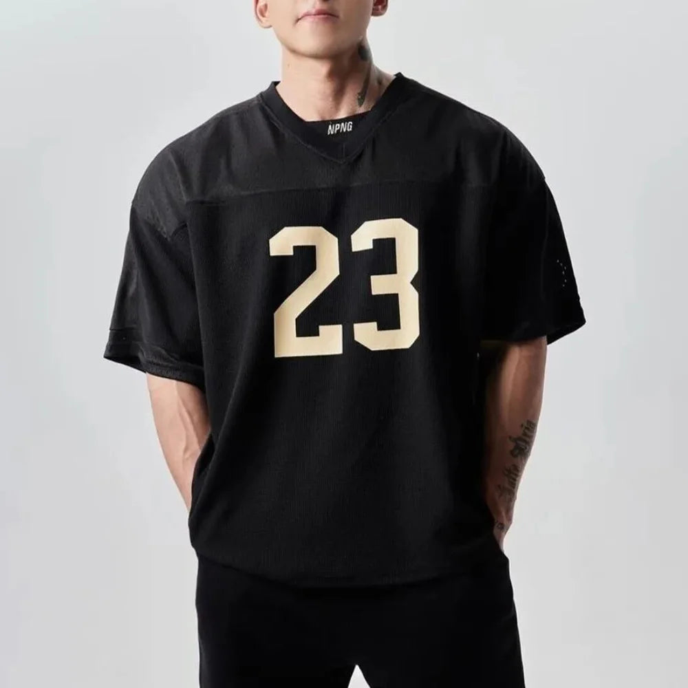 تي شيرت رجالي رياضي أمريكي مطبوع عليه أرقام، جيرسيه بخياطة شبكية، فضفاض بأكمام قصيرة، ملابس رجالية كاجوال قابلة للتنفس