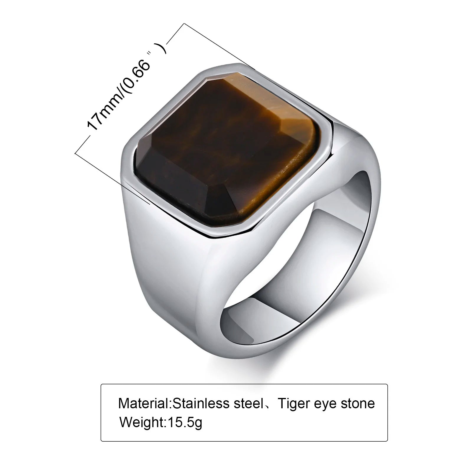 Brown Tiger Eye Stone Ring for Men Boys,Stainless Steel Geometric Square Stone Signet Ring,Causal Jewelry Gift