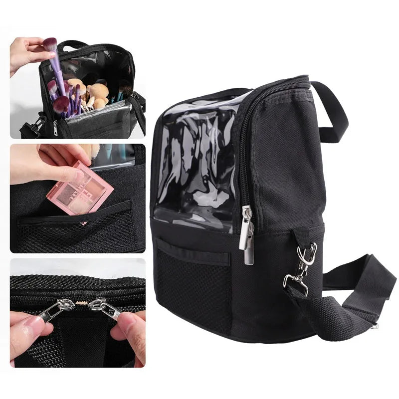 حامل فرش المكياج الشفاف مع غطاء وحقيبة تخزين فرش المكياج ذات السعة الكبيرة وحقائب فناني المكياج مع حزام وفواصل