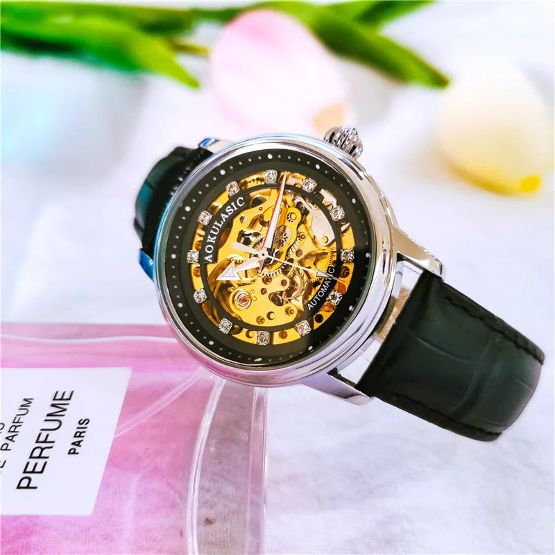 ساعات يد نسائية أوتوماتيكية ميكانيكية من AOKULASIC بتصميم هيكل عظمي أنيقة وفاخرة وعالية الجودة جديدة مقاومة للماء