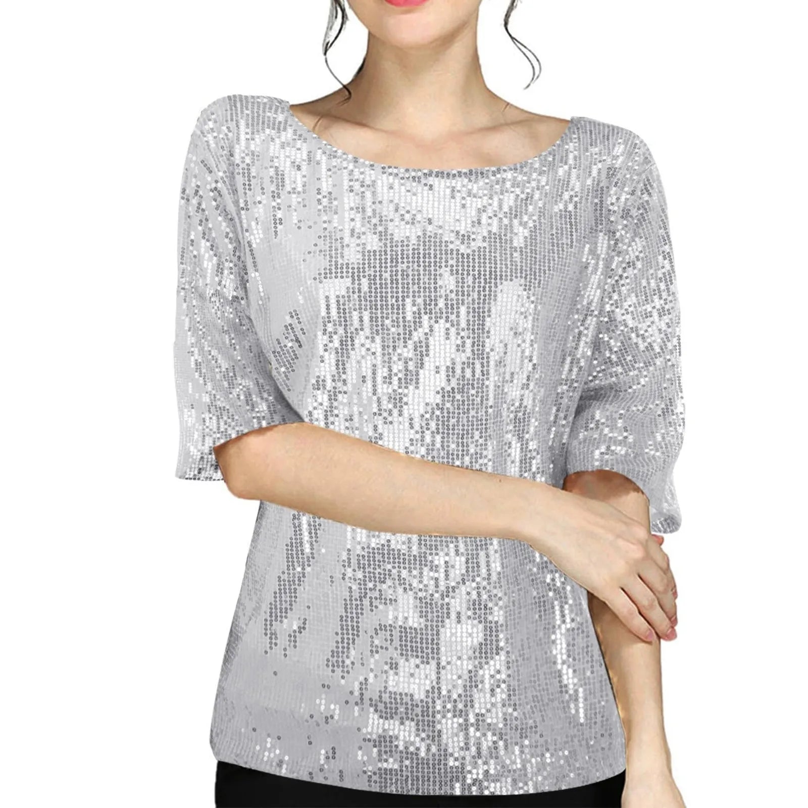 تي شيرتات نسائية مزينة بالترتر، بلون سادة، برقبة دائرية، وأكمام قصيرة، وبلوزة لامعة، أنيقة للسيدات، ومناسبة للحفلات غير الرسمية، والنوادي الليلية