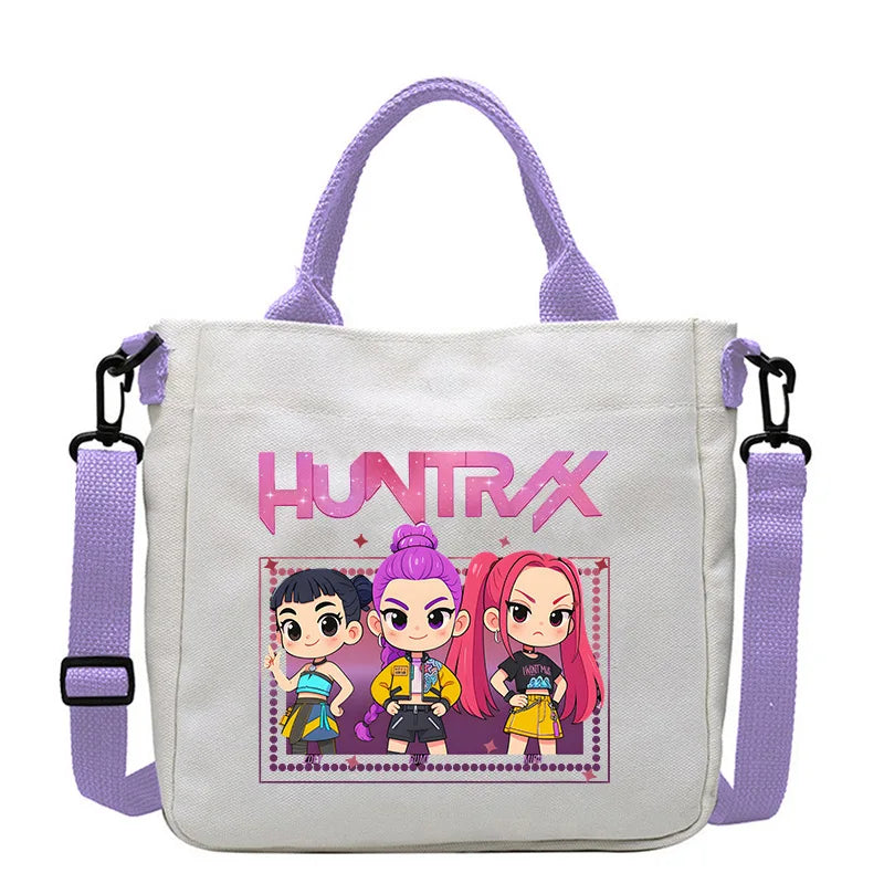 حقيبة قماشية للفتيات بتصميم صيادي أنمي شياطين من كيبوب، حقيبة يد مربعة أرجوانية بسيطة، حقيبة كتف متقاطعة، هدية عيد ميلاد