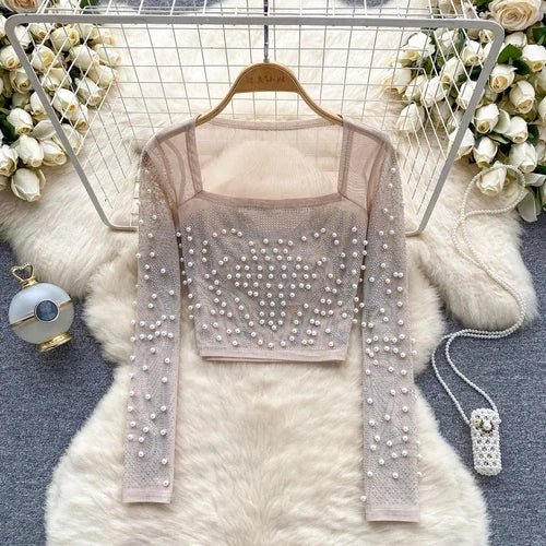 قميص نسائي أنيق بأكمام طويلة من حجر الراين، تي شيرت كوري أنيق، رقبة مربعة، مثير، أنيق