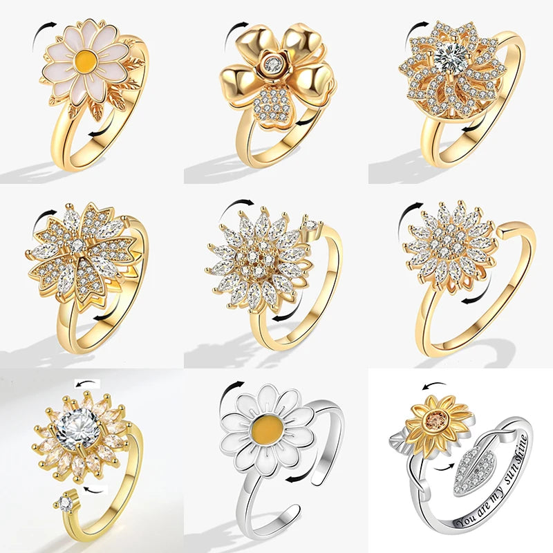 خاتم سبينر أنيق للنساء، متعدد الكريستالات على شكل زهرة عباد الشمس، خواتم أصابع دوارة مضادة للتوتر، هدية زفاف