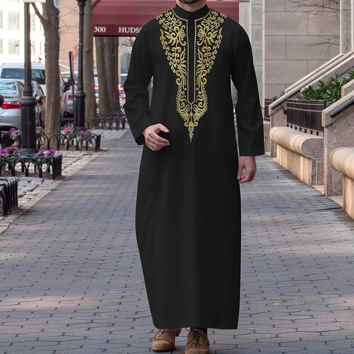 Men's Ethnic Pattern Embroidery Zipper Hooded Robe Traditional Long Sleeve Pocket Jubba Thobe for Daily Wear Man Islamic Thobe