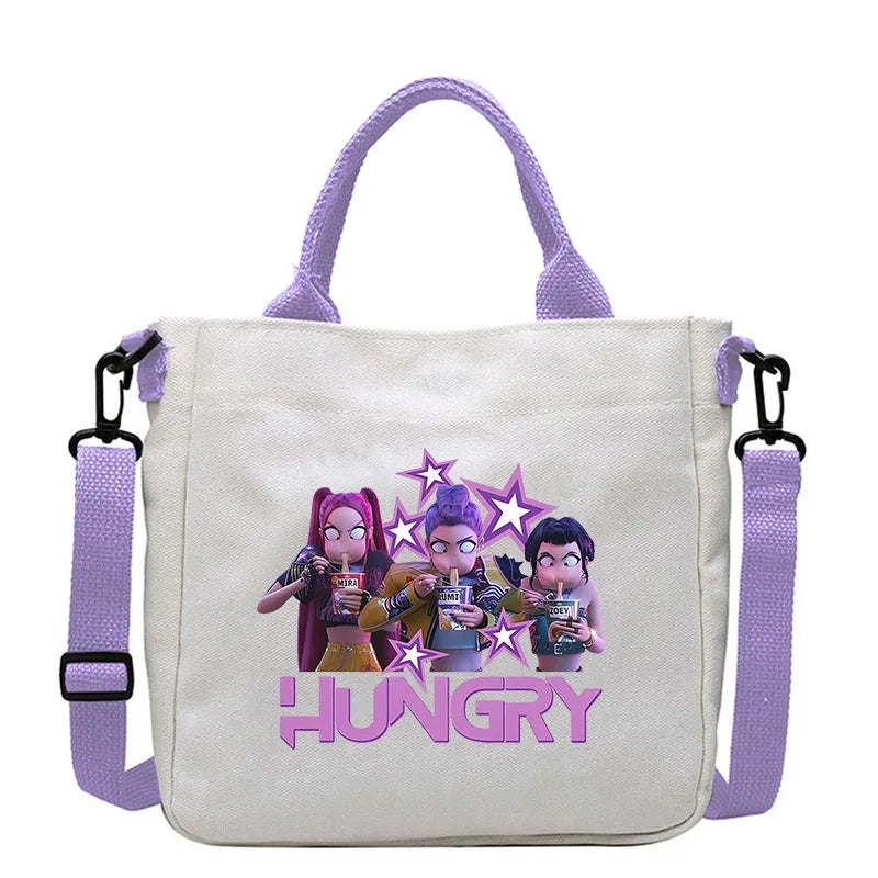 حقيبة قماشية جديدة من KPop Demon Hunters للفتيات، حقيبة يد مربعة أرجوانية بسيطة، حقيبة حمل، حقيبة كتف، هدية عيد ميلاد